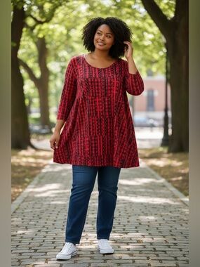 JM Collection 3X Plus Red Black Abstract Tunic Top 3/4 Sleeve NWT